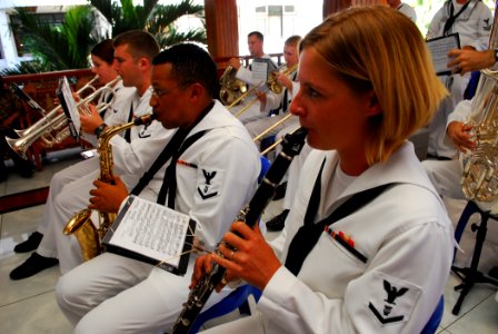 US Navy 100724-N-4044H-016 Musician 3rd Class Meredith Jackson, a member of the U.S. Pacific Fleet Band, plays the clarinet during the closing ceremony for the Pacific Partnership 2010 visit to Ternate, Indonesia