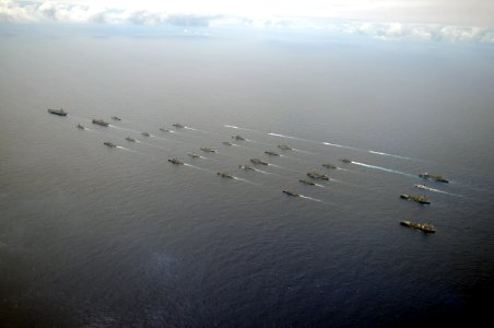 US Navy 100724-N-9500T-646 The Nimitz-class aircraft carrier USS Ronald Reagan (CVN 76) leads a mass formation of ships from Korea, Taiwan, Japan, Singapore, France, Canada, Australia and the U.S. during Rim of the Pacific (RIM