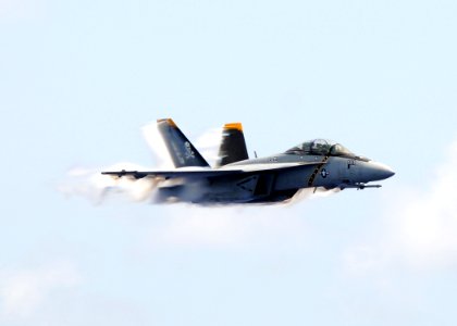 US Navy 100724-N-4236E-764 An F-A-18F Super Hornet assigned to the Jolly Rogers of Strike Fighter Squadron (VFA) 103 flies by the aircraft carrier USS Dwight D. Eisenhower (CVN 69)