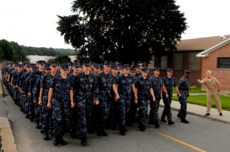 US Navy 100729-N-9818V-337 Students from the Naval Submarine School march to attend an all-hands call with Master Chief Petty Officer of the Navy (MCPON) Rick West at Naval Submarine Base New London photo
