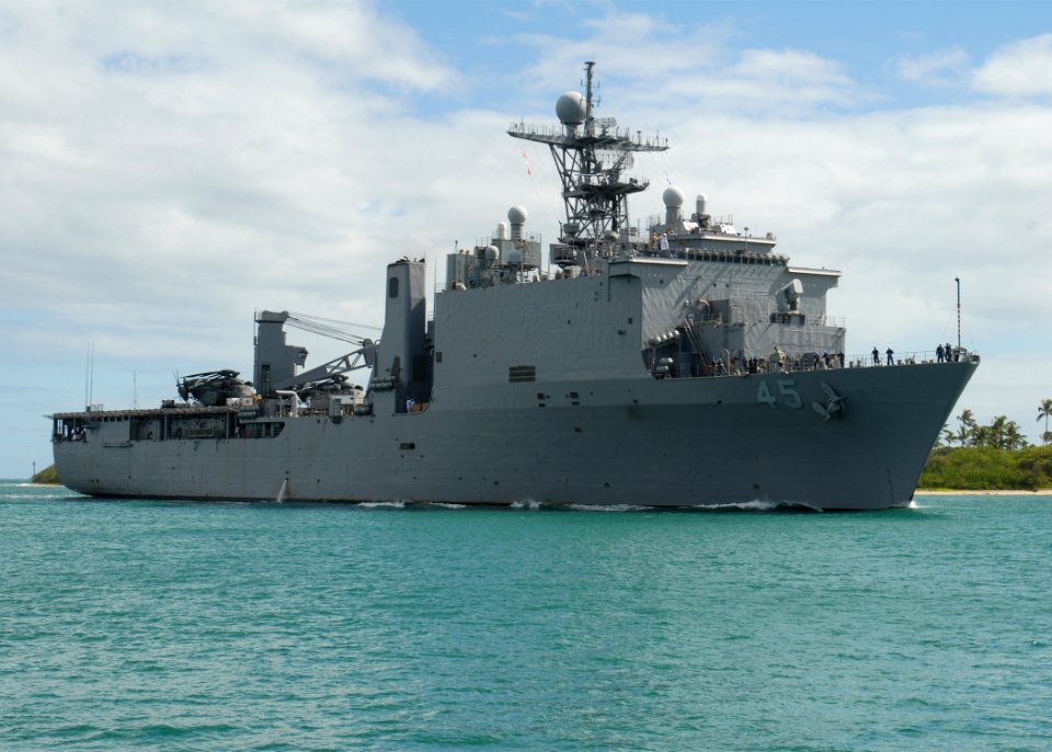 US Navy 100729-N-0641S-059 The Whidbey Island-class dock landing ship USS Comstock (LSD 45) returns to Joint Base Pearl Harbor-Hickam after participating in Rim of the Pacific (RIMPAC) 2010 exercises