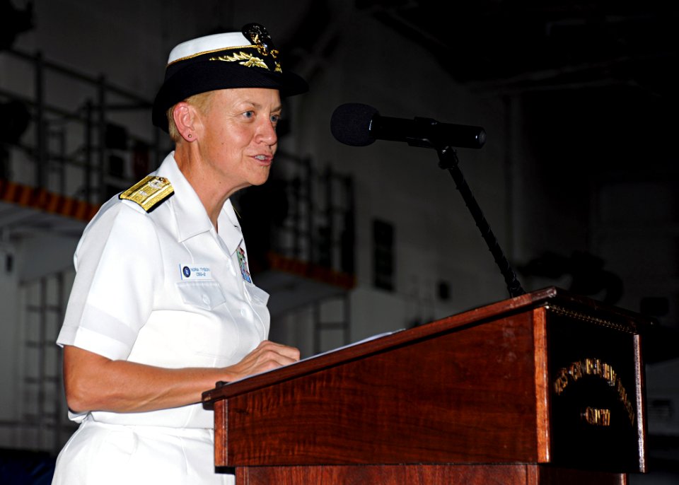US Navy 100729-N-3885H-068 Rear Adm. Nora W. Tyson speaks during a change of command ceremony in the hangar bay aboard USS George H.W. Bush (CVN 77)