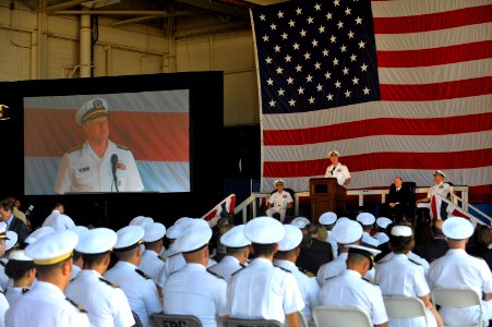 US Navy 100729-N-8273J-050 Chief of Naval Operations (CNO) Adm. Gary Roughead delivers remarks during the roll out ceremony of the Navy's newest airborne early warning and control aircraft, the E-2D Advanced Hawkeye