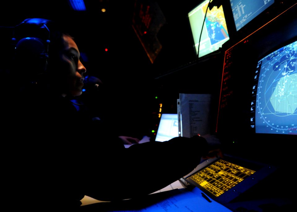 US Navy 100729-N-5016P-002 Ensign Angelique M. Clark stands watch as the guided-missile cruiser USS Cape St. George (CG 71) tests its Aegis weapons system