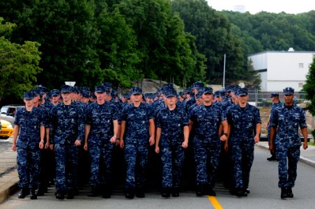 US Navy 100729-N-9818V-330 Students from the Naval Submarine School march to attend an all-hands call with Master Chief Petty Officer of the Navy (MCPON) Rick West at Naval Submarine Base New London photo