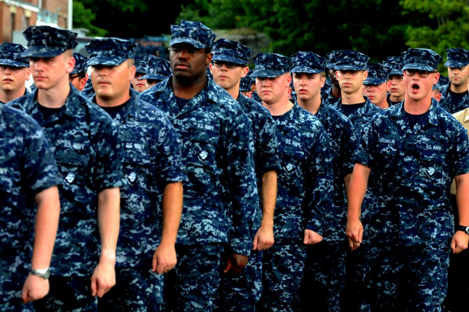 US Navy 100729-N-9818V-308 Students from the Naval Submarine School march to attend an all-hands call with Master Chief Petty Officer of the Navy (MCPON) Rick West at Naval Submarine Base New London photo