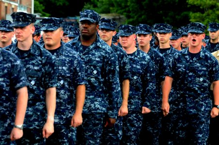 US Navy 100729-N-9818V-308 Students from the Naval Submarine School march to attend an all-hands call with Master Chief Petty Officer of the Navy (MCPON) Rick West at Naval Submarine Base New London photo