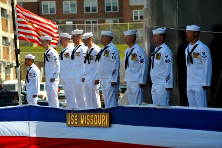 US Navy 100731-N-8273J-135 Sailors man the rails and bring the ship to life during the commissioning ceremony for the Virginia-class attack submarine USS Missouri (SSN 780) at Naval Submarine Base New London photo