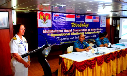 US Navy 100801-N-6410J-110 Capt. Lisa M. Franchetti delivers remarks during a multilateral naval cooperation workshop with Pacific Partnership 2010
