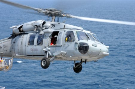 US Navy 100804-N-3852A-155 An MH-60S Sea Hawk search and rescue (SAR) helicopter lifts off from USS Wasp (LHD 1)