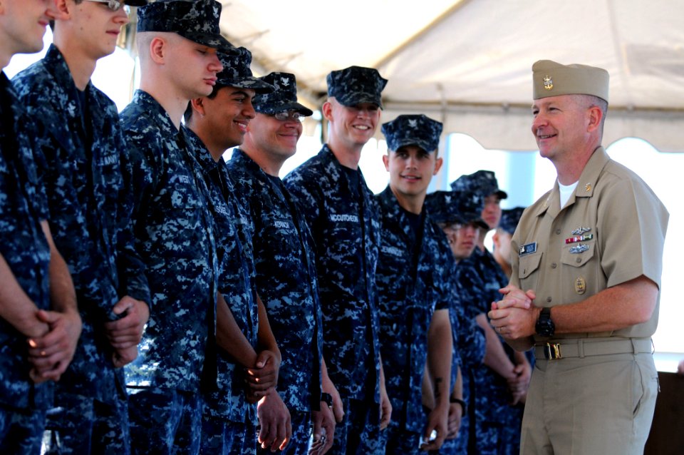 US Navy 100730-N-9818V-086 Master Chief Petty Officer of the Navy (MCPON) Rick West talks with Sailors assigned to (PCU) Missouri (SSN 780)