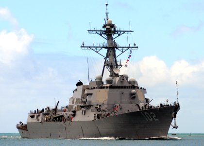US Navy 100731-N-6854D-111 The Arleigh Burke-class guided-missile destroyer USS Sampson (DDG 102) returns to Joint Base Pearl Harbor-Hickam after participating in Rim of the Pacific (RIMPAC) 2010 exercises