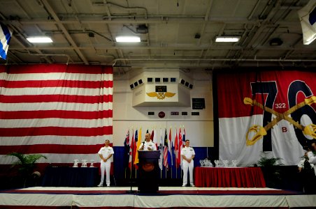 US Navy 100801-N-3659B-178 Vice Adm. Richard W. Hunt, commander of the Rim of the Pacific (RIMPAC) Combined Task Force, delivers remarks at the RIMPAC 2010 closing ceremony aboard the aircraft carrier USS Ronald Reagan (CVN 76)