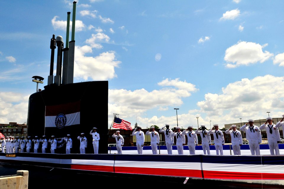 US Navy 100731-N-8273J-221 Sailors man the rails and bring the ship to life during the commissioning ceremony for the Virginia-class attack submarine USS Missouri (SSN 780) at Naval Submarine Base New London