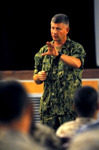US Navy 100804-N-9818V-487 Master Chief Petty Officer of the Navy (MCPON) Rick West holds an all-hands call with Sailors assigned to Marine Corps Air Station Cherry Point