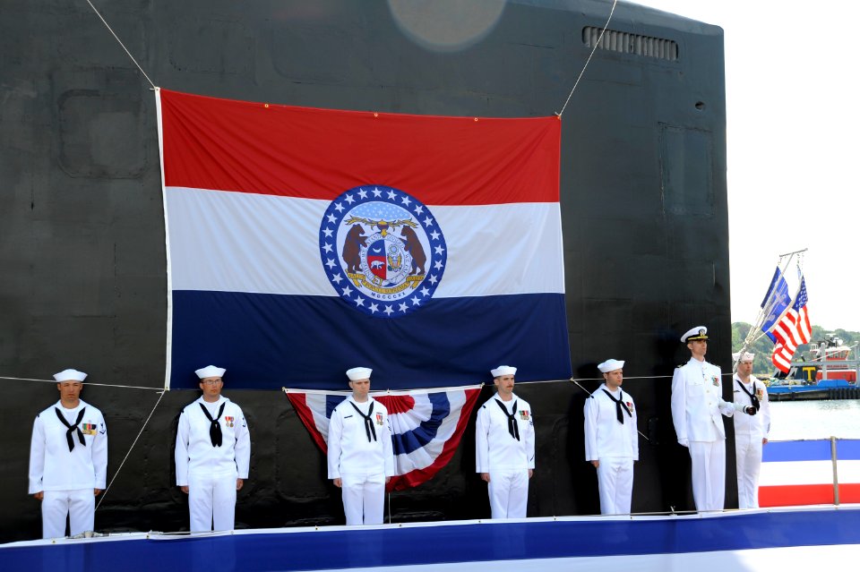 US Navy 100731-N-8467N-009 The crew of the Virginia-class attack submarine USS Missouri (SSN 780) man the rails for the first time on during the boat's commissioning ceremony