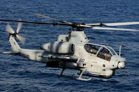 US Navy 100802-N-3852A-366 An AH-1Z Cobra helicopter assigned to Rotary Wing Aircraft Test Squadron (HX) 21, based in Patuxent River, Md., approaches the amphibious assault ship USS Wasp (LHD 1)