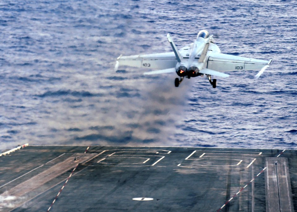 US Navy 100803-N-5838W-070 An F-A-18F Super Hornet assigned to the Red Rippers of Strike Fighter Squadron (VFA) 211 launches from the aircraft carrier USS Enterprise (CVN 65)
