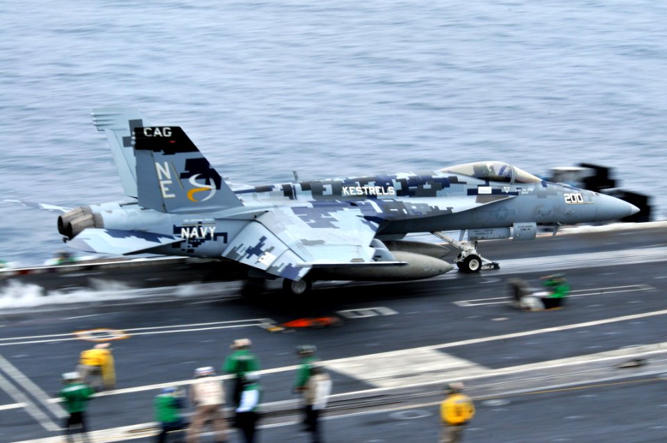 US Navy 100807-N-5749W-251 Rear Adm. Mark D. Guadagnini, commander of the Abraham Lincoln Carrier Strike Group, launches from the flight deck of aircraft carrier USS Abraham Lincoln (CVN 72) in an F-A-18E Super Hornet