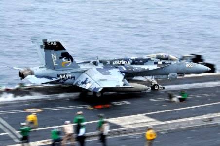 US Navy 100807-N-5749W-251 Rear Adm. Mark D. Guadagnini, commander of the Abraham Lincoln Carrier Strike Group, launches from the flight deck of aircraft carrier USS Abraham Lincoln (CVN 72) in an F-A-18E Super Hornet