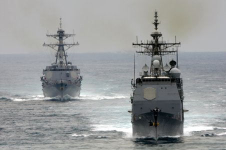 US Navy 100804-N-5016P-002 The guided-missile cruiser USS Cape St. George (CG 71) and the guided-missile destroyer USS Sterett (DDG 104) are underway during a composite training unit exercise
