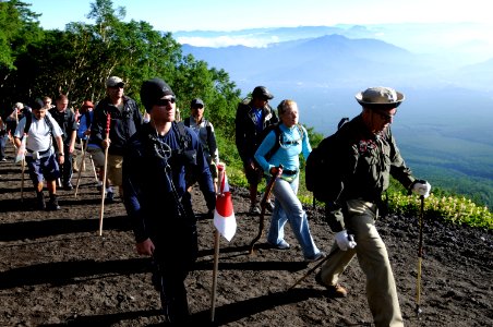 US Navy 100807-N-8335D-113 Dan Knight, a guide with the Fleet Activities Sasebo Sailing and Outdoor Adventure Center, leads a group of Sailors up Mount Fuji