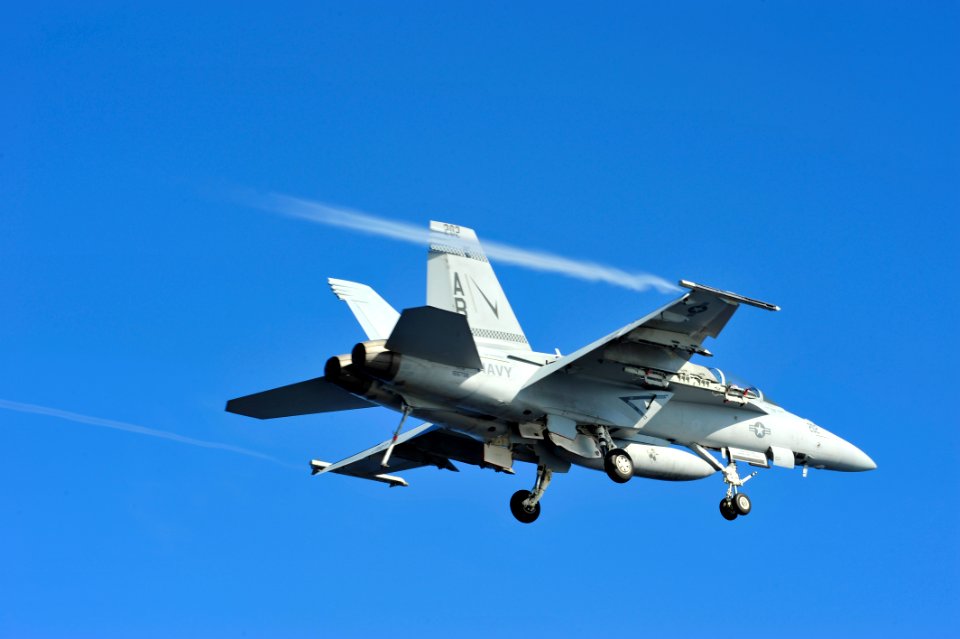 US Navy 100808-N-0569K-036 An F-A-18F Super Hornet assigned to the Fighting Checkmates of Strike Fighter Squadron (VFA) 211 flies