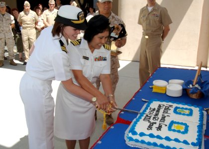 US Navy 100804-N-3931M-041 Sailors cut a cake during a ceremony to celebrate the 63rd anniversary of the U.S. Navy Medical Service Corps