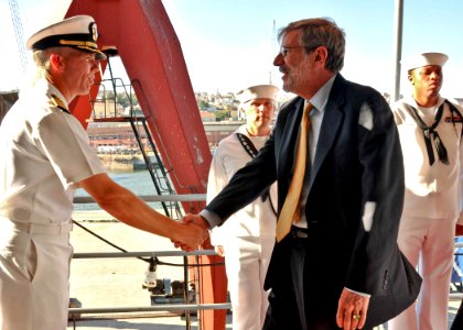 US Navy 100804-N-5483N-026 Capt. Karl Thomas, commanding officer of the amphibious command ship USS Mount Whitney (LCC-JCC 20) greets U.S. ambassador to Portugal Allan J. Katz