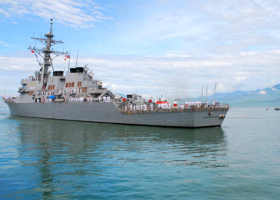 US Navy 100809-N-3589B-410 Sailors man the rails aboard USS John S. McCain (DDG 56) as the ship prepares to moor pierside in Da Nang, Vietnam