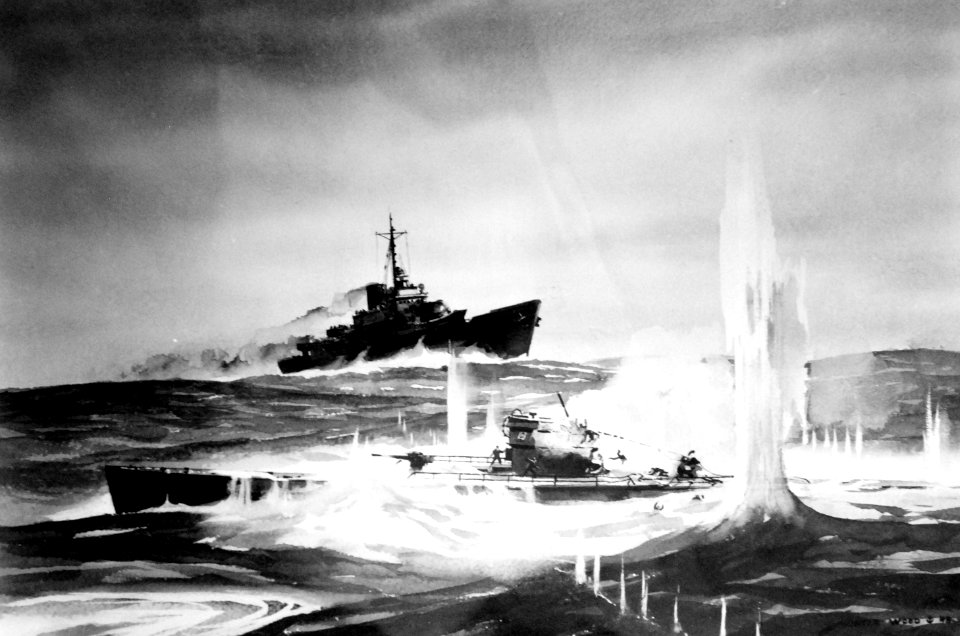USCGC Spencer (WPG-36) attacking German U-boat, painting by CBM Hunter Wood, WWII (40397646302)