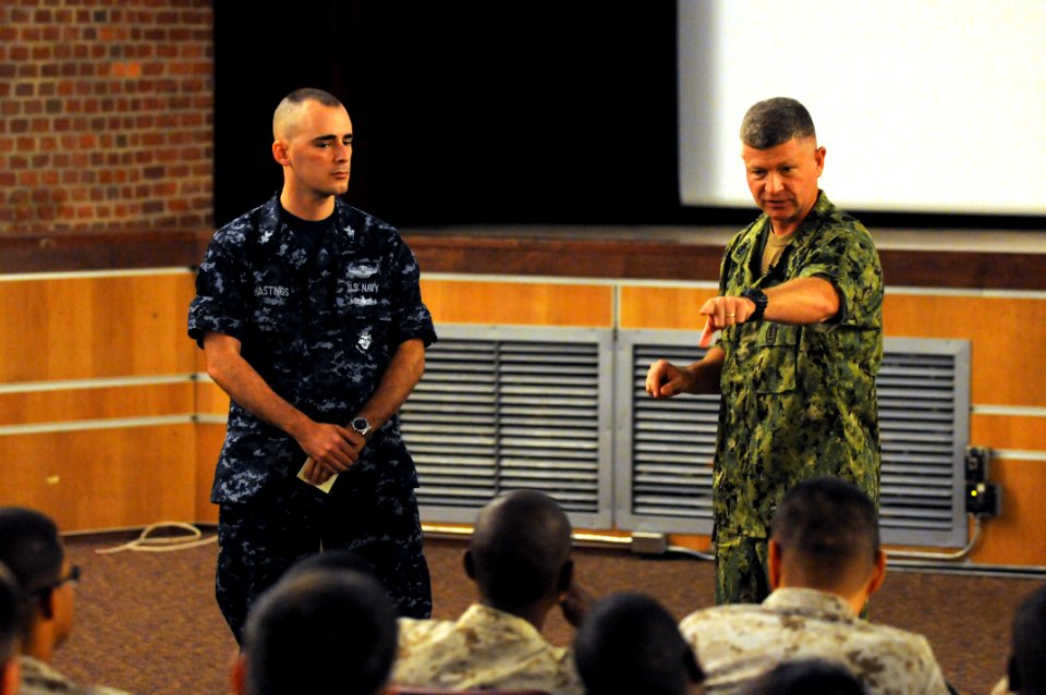 US Navy 100804-N-9818V-426 Master Chief Petty Officer of the Navy (MCPON) Rick West holds an all-hands call with Sailors assigned to Marine Corps Air Station Cherry Point