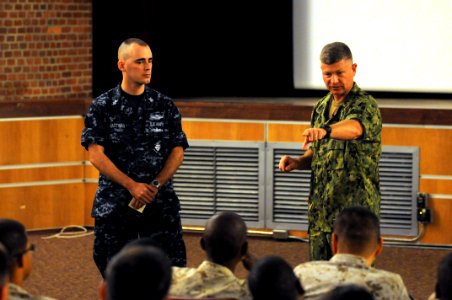 US Navy 100804-N-9818V-426 Master Chief Petty Officer of the Navy (MCPON) Rick West holds an all-hands call with Sailors assigned to Marine Corps Air Station Cherry Point