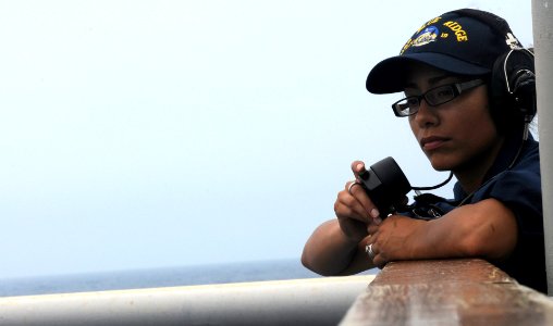 US Navy 100810-N-0864H-136 Seaman Crystal Rangel stands bridge lookout watch aboard USS Blue Ridge (LCC 19)