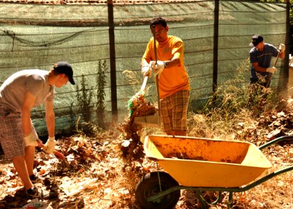 US Navy 100806-N-5483N-117 Sailors gather leaves during a community service project at the Center for Temporary Accommodation Tercena Orphanage