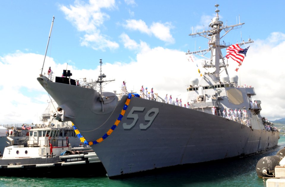 US Navy 100806-N-3666S-037 The guided-missile destroyer USS Russell (DDG 59) arrives in Joint Base Pearl Harbor-Hickam after a scheduled seven-month deployment