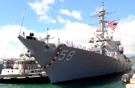 US Navy 100806-N-3666S-037 The guided-missile destroyer USS Russell (DDG 59) arrives in Joint Base Pearl Harbor-Hickam after a scheduled seven-month deployment