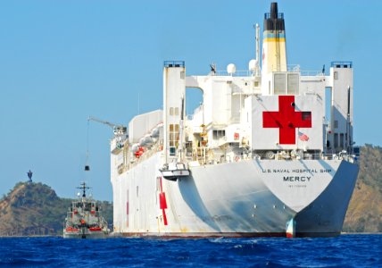 US Navy 100811-N-4044H-378 The Military Sealift Command hospital ship USNS Mercy (T-AH 19) transfers cargo aboard the Royal Australian Navy heavy landing craft HMAS Labuan (L128)