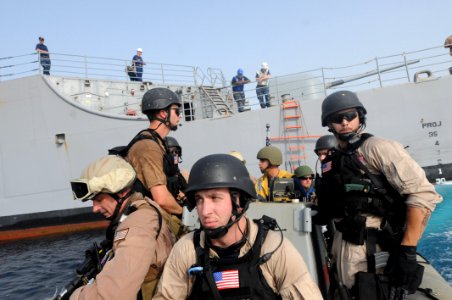 US Navy 100809-N-6463B-070 Sailors prepare to conduct an approach and visit operation of a fishing dhow in the Red Sea