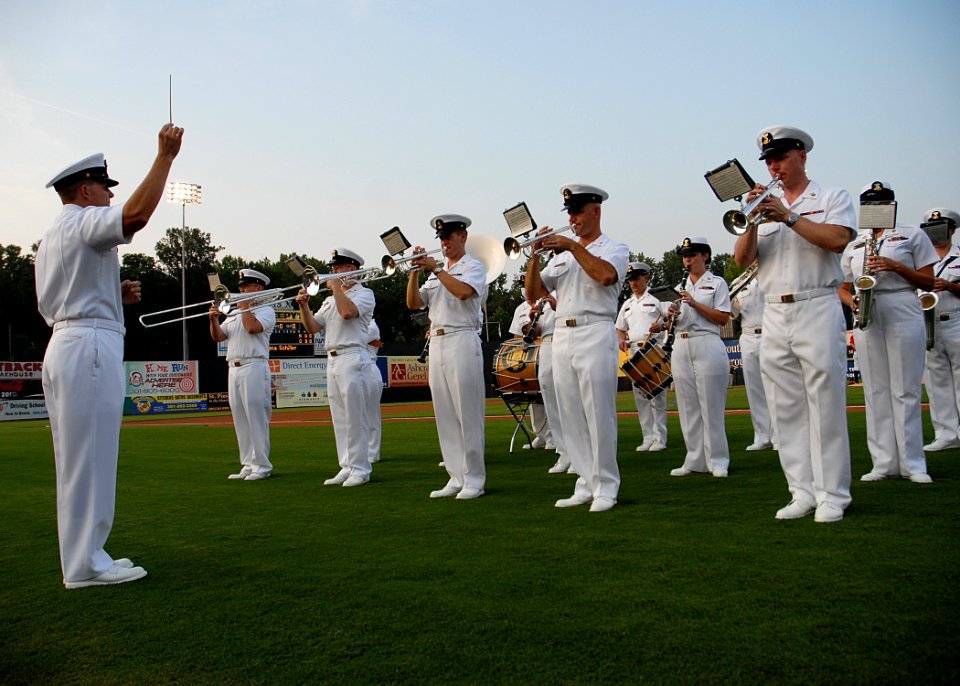 US Navy 100810-N-3857R-010 The U.S. Naval Academy Band performs the national anthem on the field of Prince George's Stadium at the 11th annual Navy Night at the Baysox