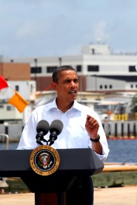 US Navy 100814-N-6936D-103 President Barack Obama speaks to the press about Gulf Coast oil spill clean-up efforts at Coast Guard Station Panama City