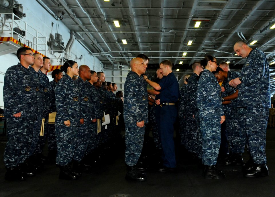 US Navy 100815-N-1092P-061 Sailors receive their Enlisted Air Warfare Specialist and Enlisted Surface Warfare Specialist pins during a pinning ceremony aboard the aircraft carrier USS Harry S. Truman (CVN 75)