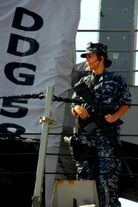 US Navy 100817-N-5292M-991 A Sailor stands watch aboard USS Laboon (DDG 58) at Naval Station Norfolk