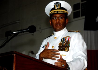 US Navy 100812-N-6764G-169 Vice Adm. Mel Williams Jr., delivers remarks during the Commander, U.S. 2nd Fleet change of command ceremony aboard the aircraft carrier USS George H.W. Bush (CVN 77)