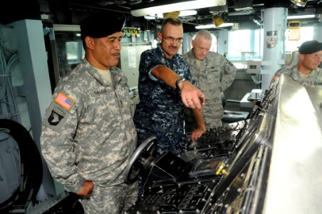 US Navy 100813-N-3283P-023 Command Master Chief Eric Cole, center, describes the capabilities of the navigation system aboard the guided-missile destroyer USS Fitzgerald (DDG 62)