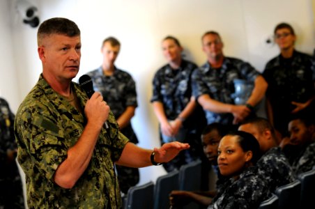 US Navy 100816-N-9818V-347 Master Chief Petty Officer of the Navy (MCPON) Rick West holds an all-hands call with the crew of USS Chafee (DDG 90)