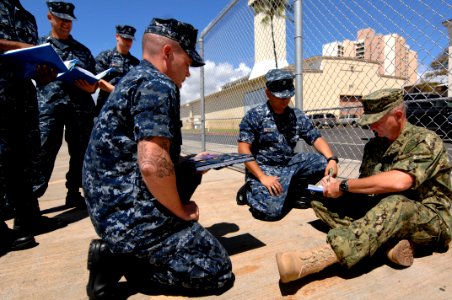 US Navy 100816-N-9818V-458 Master Chief Petty Officer of the Navy (MCPON) Rick West signs the charge books of chief petty officer selectees from USS La Jolla (SSN 701) and USS Pasadena (SSN 752)