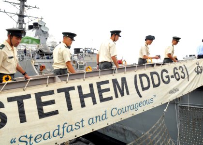 US Navy 100812-N-8113T-002 apan Ground Self-Defense Force (JGSDF) soldiers board USS Stethem (DDG 63) for a cooperative work program shipboard tour