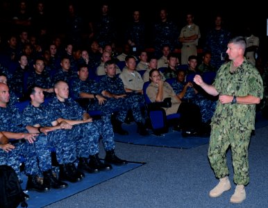 US Navy 100817-N-3666S-004 Master Chief Petty Officer of the Navy (MCPON) Rick West speaks with Sailors assigned to various commands in the Pearl Harbor area during an all-hands call
