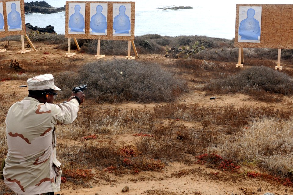 US Navy 100817-N-9123L-043 Interior Communications Electrician 1st Class Glenn Ross, a Reserve Component Sailor, fires a 9mm pistol during Shark Tank 2010